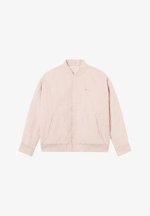 Helles pinkes Cord-Jackett mit geripptem Kragen, Druckknöpfen, seitlichen Taschen und einem kleinen gestickten Logo auf der Brust.