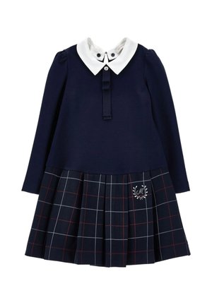 Abito bleu a maniche lunghe con colletto bianco, gonna a pieghe a scacchi e monogramma decorativo. Realizzato in tessuto morbido, presenta dettagli con bottoni.