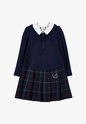 Navy lange mouwen jurk met een witte kraag, geplooide geblokte rok en decoratieve monogram. Gemaakt van zachte stof, met knoopaccenten.