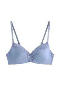 Bra azzurro chiaro con dettagli in pizzo sullo scollo e spalline regolabili, progettato per comfort e supporto.