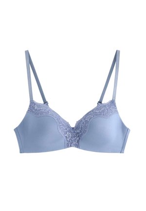 Bra azzurro chiaro con dettagli in pizzo sullo scollo e spalline regolabili, progettato per comfort e supporto.
