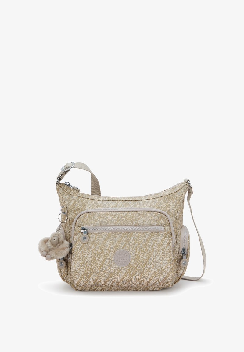 Beige textuurige crossbodytas met een voorvak met rits, een zijvak met rits en een bonthanger aan het handvat.