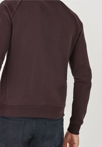 Sudadera marrón con mangas raglán, puños y dobladillo acanalados. Material suave con una textura lisa, vista desde atrás, combinada con jeans azul marino.