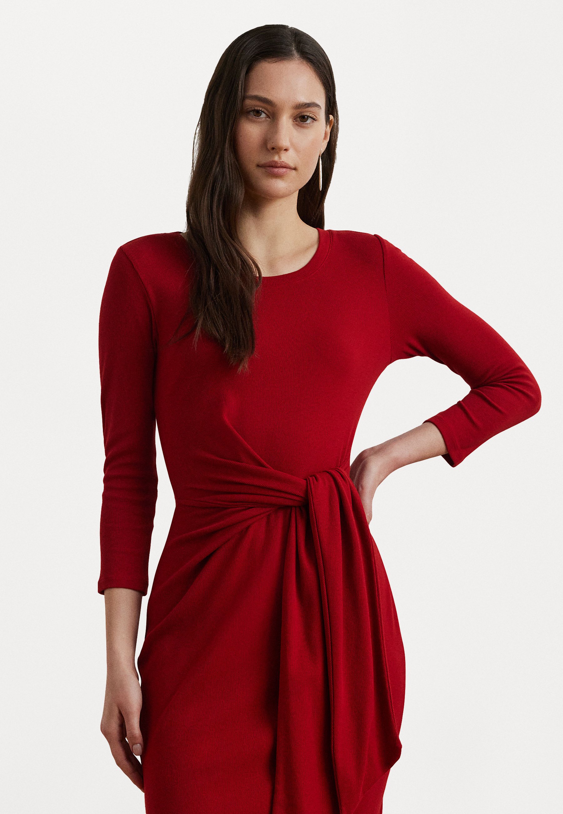 Lauren Ralph Lauren TIE-FRONT COTTON-BLEND CREWNECK DRESS - Jersey dress -  madison red/dark red - Zalando.ie