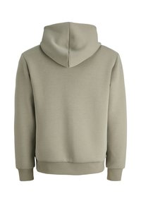 Bluza z kapturem w przytłumionym zielonym kolorze, wykonana z miękkiego materiału. Posiada luźny krój oraz ściągacze na mankietach i dole, bez widocznych wzorów czy akcentów.