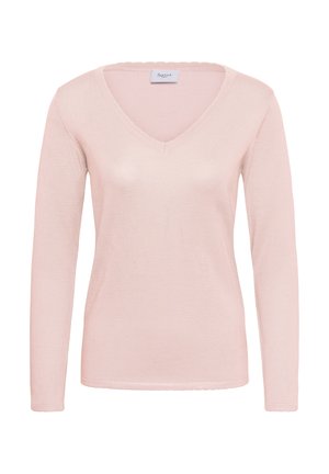 Lichtroze trui met lange mouwen, V-hals, een gladde textuur, geribbelde halslijn en gestikte zoom. Gemaakt van een zachte, lichtgewicht stof.