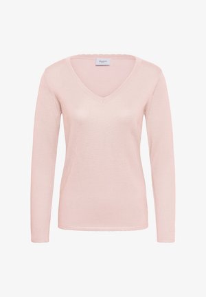 Gaiši rozā garroku v-veida džemperis ar gludu tekstūru, ribotu apkakli un šūtu apmali. Izgatavots no mīksta, viegla materiāla.