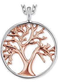 Runder Anhänger mit einem silbernen äußeren Kreis und einem detaillierten Baumdesign in Roségold. Verfügt über einen strukturierten Baumstamm und Äste.