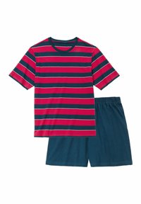 Crveno i mornarskoplavi prugasti majica kratkih rukava s okruglim izrezom, uparena s mornarskoplavim šortsevima s elastičnom strukom. Pamuk, ležerna odjeća.