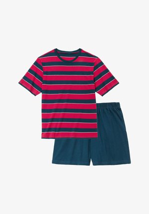 T-shirt à rayures rouge et marine à manches courtes avec col rond, associé à un short marine avec une taille élastique. Matière en coton, tenue décontractée.
