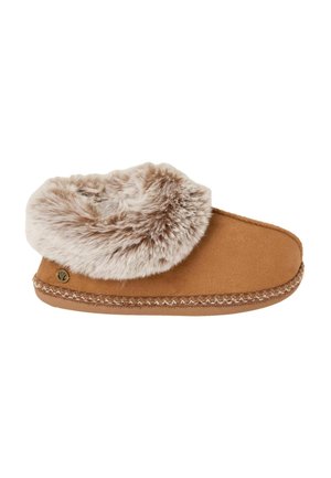 Brun ruskindstøfler med tyk blød beige pelsmanchet og syet sål, designet til indendørs komfort og varme.