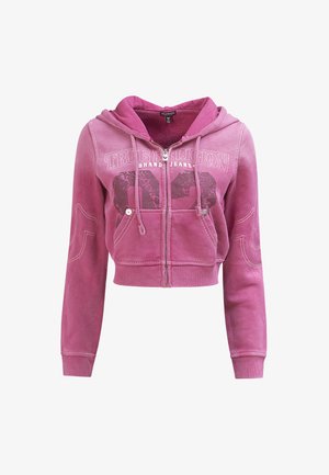 Rosa cropped Hoodie mit Reißverschluss vorne, Kapuze mit Kordelzug, grafischem Druck und kontrastierenden Nähten. Verfügt über zwei Fronttaschen und eine weiche Textur.