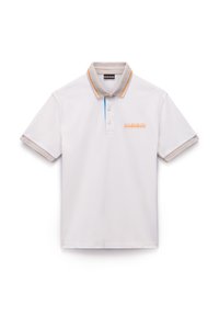 Valkoinen polo-paita, joka on valmistettu pehmeästä kankaasta. Paita on varustettu kontrastivärisillä harmailla kauluksilla ja hihoilla, oransseilla ja sinisillä yksityiskohdilla sekä logolla edessä.