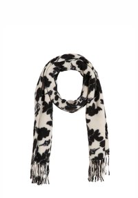 Bufanda con patrón floral en crema y negro, confeccionada en tela suave con extremos con flecos. Presenta flores negras llamativas sobre un fondo claro.