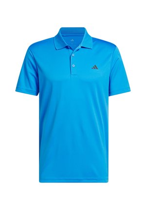 Blue polo shirt made of synthetic material, featuring a three-button placket, short sleeves, and a black logo on the left chest.