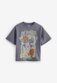 Szara koszulka z krótkim rękawem z kolorowym grafiką przedstawiającą róże, motyla oraz napisem "CALIFORNIA" w wyraźnym kroju.