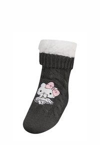 Calzino grigio lavorato a maglia con un risvolto in pile bianco e un design di Hello Kitty con un fiocco rosa. Motivo a trecce strutturato in tutto il calzino.