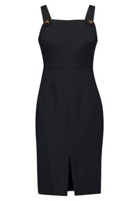Svart klänning med fyrkantig halsringning, breda axelband och knappdetaljer. Har en figurnära silhuett och fram öppning. Tillverkad av ett slätt, strukturerat tyg.