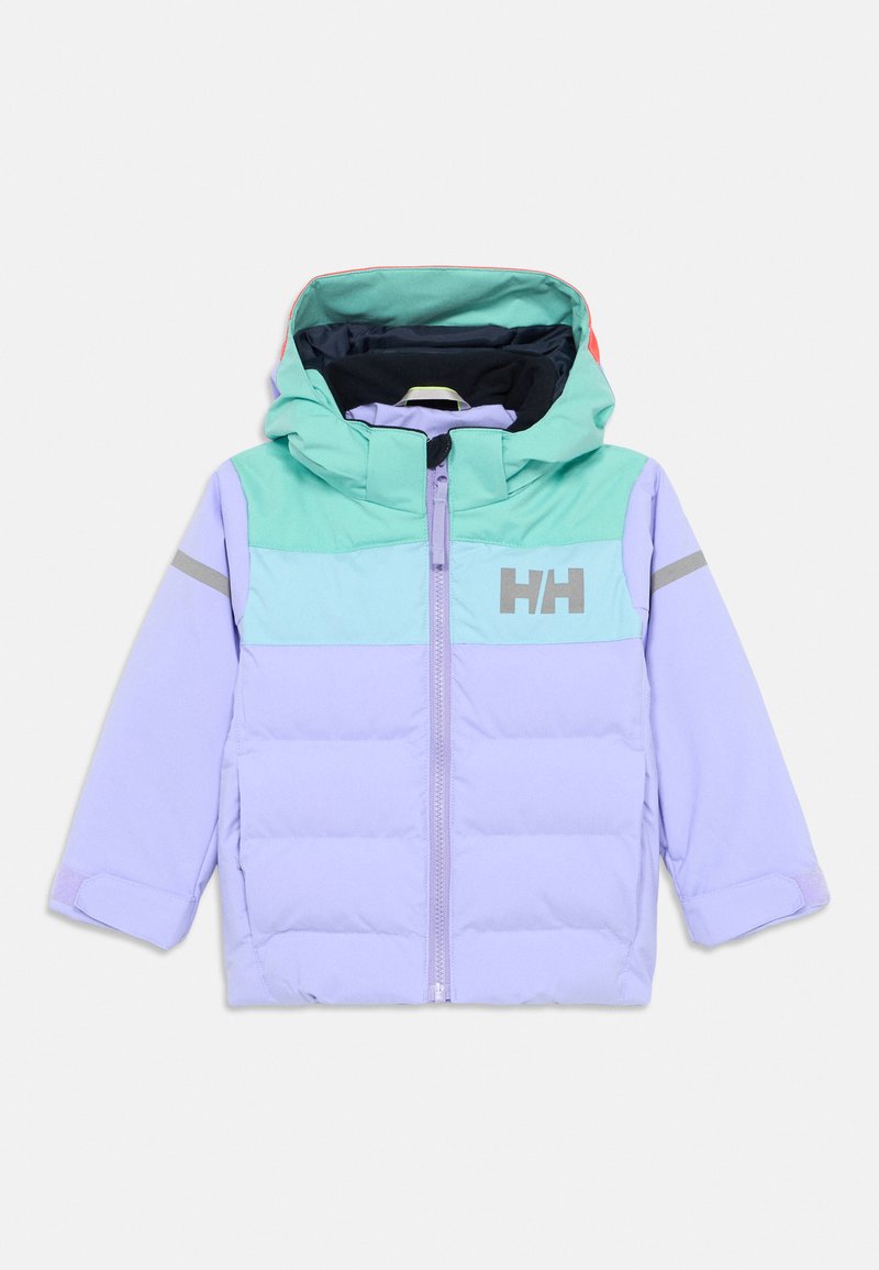 Kinder-Puffermantel in pastelllila, mintgrün und hellblau mit Kapuze, Frontreißverschluss und reflektierendem HH-Logo auf Brust und Ärmeln.