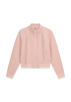 Giacca rosa chiaro con zip e tessitura, maniche lunghe, collo, polsini, orlo a coste e due tasche frontali con bottoni a pressione.