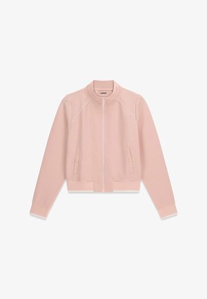 Giacca rosa chiaro con zip e tessitura, maniche lunghe, collo, polsini, orlo a coste e due tasche frontali con bottoni a pressione.