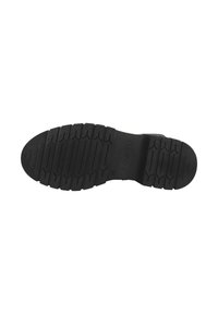 Semelle de chaussure en caoutchouc noir avec un motif de semelle profonde, présentant des rainures horizontales et verticales pour l'adhérence. Talon plat et construction durable.