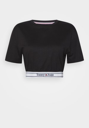 Zwart cropped T-shirt met korte mouwen, ronde hals en een witte elastische tailleband met het "Tommy Jeans"-logo en rood-wit-blauwe strepen.
