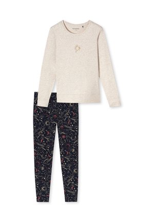 Ljust beige långärmad tröja med en solgrafik, parat med marina leggings som har ett färgglatt rymdmönster med himmelska motiv.