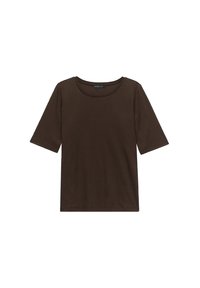 T-shirt marron à manches courtes avec un col rond, fabriqué à partir d'un tissu doux et lisse. Présente une coupe décontractée sans motifs ni embellissements visibles.