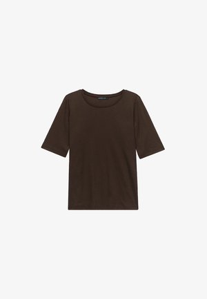 Bruine T-shirt met korte mouwen en een ronde hals, gemaakt van een zachte, gladde stof. Heeft een ontspannen pasvorm zonder zichtbare patronen of versieringen.