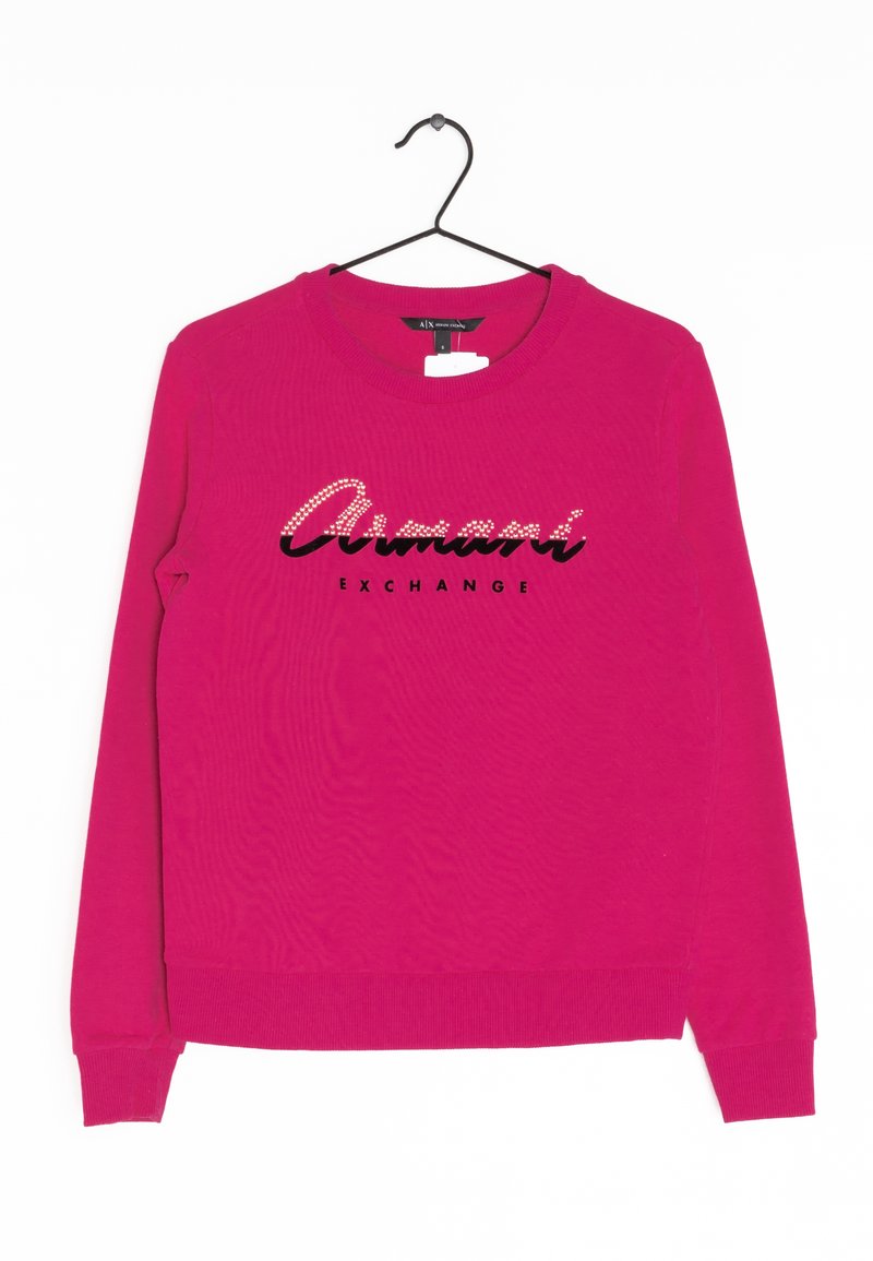 Felpa fucsia con maniche lunghe e collo a giro. Presenta il logo nero "Armani Exchange" con dettagli in strass sul petto.