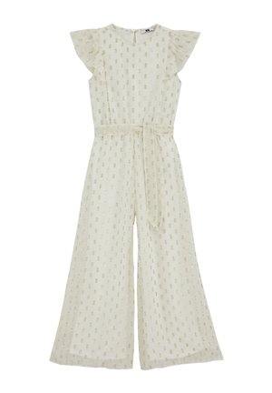 Ilgi smėlio spalvos platėjantys kombinezonai su tvistelių formos rankovėmis, subtiliu blizgančių karoliukų raštu, apvalia iškirpte ir derančia juosiamąja dirželiu.