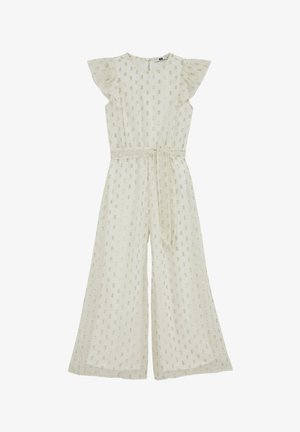 Ilgi smėlio spalvos platėjantys kombinezonai su tvistelių formos rankovėmis, subtiliu blizgančių karoliukų raštu, apvalia iškirpte ir derančia juosiamąja dirželiu.