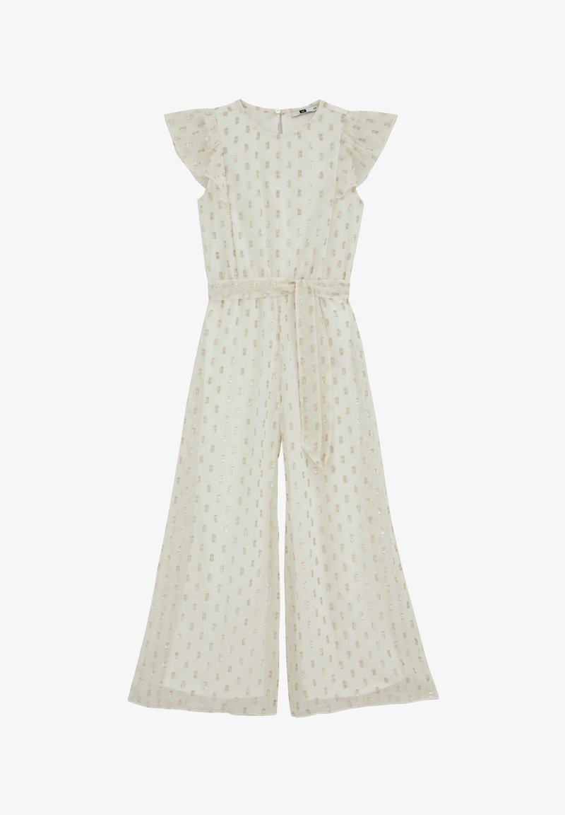 Combinaison pantalon ivoire à jambes larges avec manches volantées, motif subtil en sequins, encolure ronde et ceinture assortie à nouer à la taille.