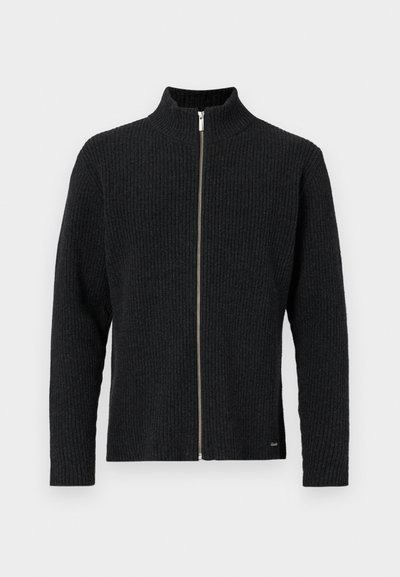 Dark gray ribbed sweater with a high collar, full zip front, long sleeves, and a fitted design, featuring a small logo on the hem.