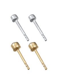 Vier Metall-Schmuckteile: zwei Silber und zwei Gold, jeweils mit einer glatten zylindrischen Kappe und einem schlanken Stift, mit der Markierung "Ag 925" auf dem Gold.