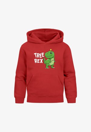 Roter Hoodie mit grünem Dinosaurier-Motiv, geschmückt mit Weihnachtslichtern und einem Stern, Schriftzug "TREE REX", aus weichem Baumwollmischgewebe, Vorderseite mit Tasche.