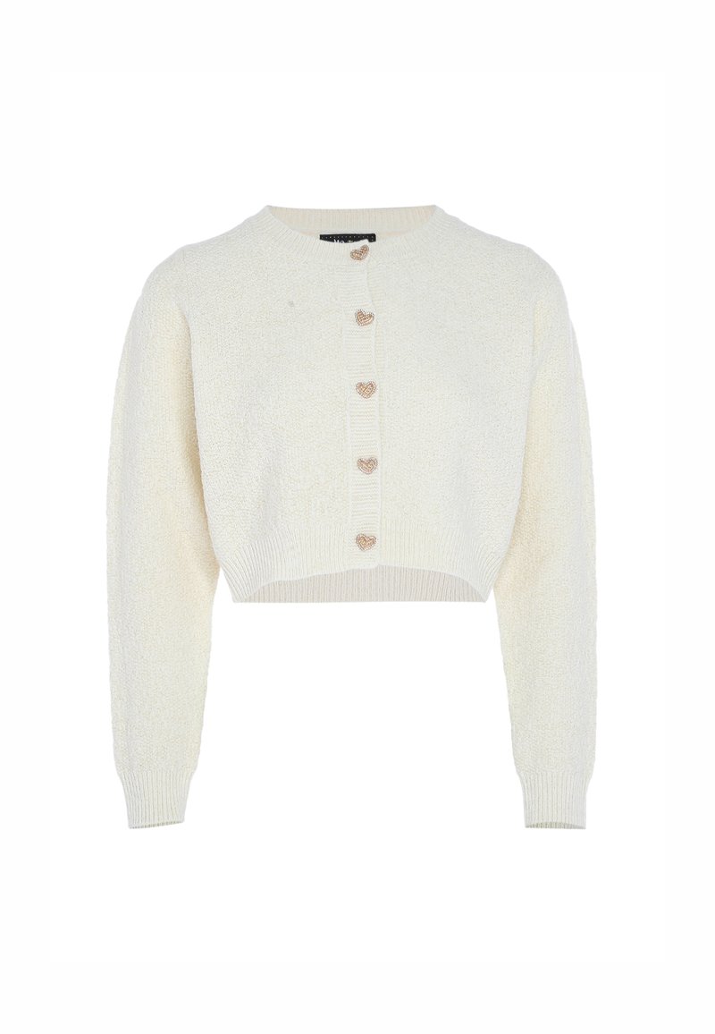 Kürzerer cremfarbener Cardigan aus strukturiertem Stoff mit langen Ärmeln und fünf herzförmigen Knöpfen vorne. Rippbündchen an den Ärmeln und am Saum.