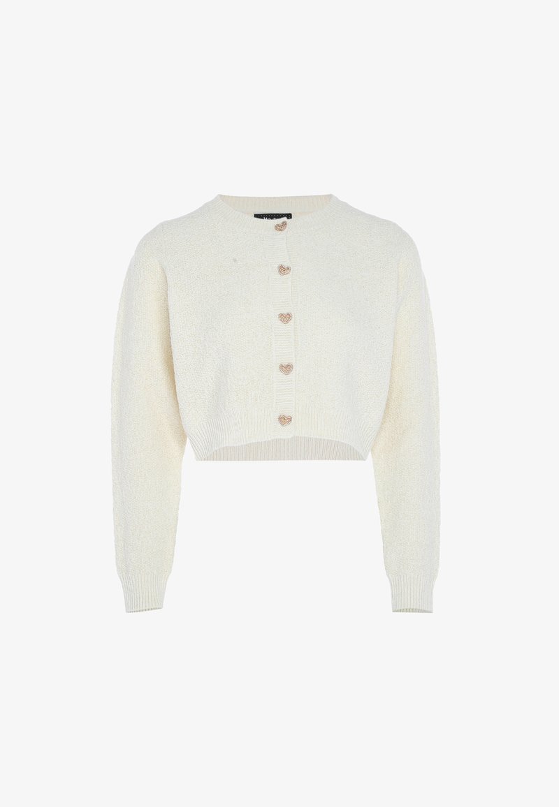 Kürzerer cremfarbener Cardigan aus strukturiertem Stoff mit langen Ärmeln und fünf herzförmigen Knöpfen vorne. Rippbündchen an den Ärmeln und am Saum.