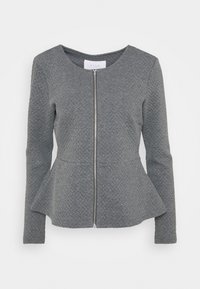 Grå peplumjacka med texturerad tyg, rund hals och frontdragkedja. Har långa ärmar och en figurnära silhuett.