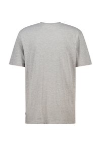 Ein schlichtes, hellgraues T-Shirt mit kurzen Ärmeln, von hinten gezeigt, mit einem runden Halsausschnitt und ohne sichtbare Logos oder Designs.