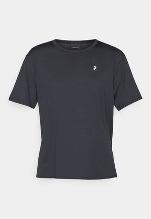 Black short-sleeve t-shirt made of smooth fabric. Features a round neckline and a small logo in white on the left chest area.