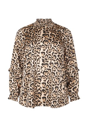 Bluse i leopardmønster lavet af glat stof; har en høj volangkrave, lange ærmer og subtile volangdetaljer ved manchetterne.