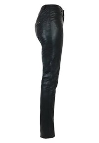 Schwarze Lederhosen mit schmaler Passform, mittelhoher Taille, seitlichen Taschen und dezenten Nahtdetails für zusätzlichen Textur.