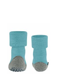 Turquoise sokken met een grijze onderzijde, voorzien van een geribbelde manchet en een textuurpatroon, ontworpen voor grip met siliconen stippen op de zool.
