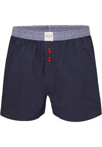 Námořnické bavlněné boxerky s vzorovaným pasem, s knoflíkovým zapínáním vpředu a červenými knoflíky. Měkká textura, volný střih a žádné další vzory.