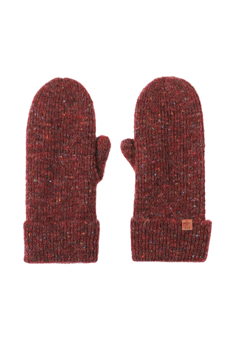 Rode gebreide wanten met een geribbelde textuur, voorzien van multikleurige spikkels en een contrasterende manchet. Bevat een klein logo-label op één van de wanten.