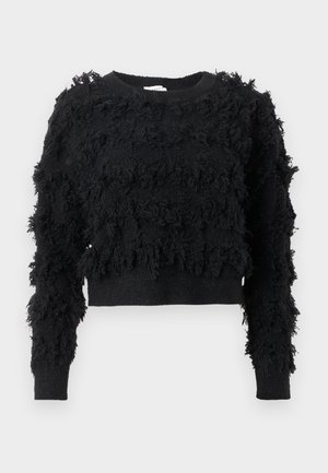 Black cropped sweater with a textured, fluffy surface. Long sleeves and a round neckline, featuring irregular patterns throughout the fabric.
