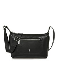 Czarna skórzana torba na ramię z regulowanym paskiem, zamykaną na zamek kieszenią z przodu oraz subtelnym detalem logo na froncie. Gładka faktura.