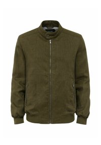 Bomberka w oliwkowym kolorze z stójką, zamek błyskawiczny z przodu oraz dwoma bocznymi kieszeniami, wykonana z teksturowanej tkaniny.